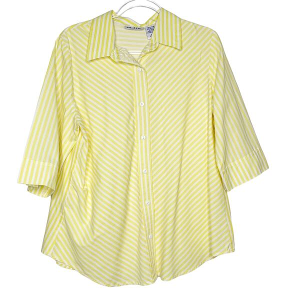 BLAIR Vintage Striped Poplin Button-Up Shirt Relaxed Fit Yellow White Size Large - Picture 1 of 6